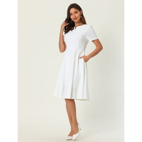 Women's Office Dresses with Pockets Split Neck Work A-Line Dress White - Picture 3 of 6